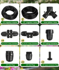 132Ft Drip Irrigation Kit With 1/2 Inch Tubing And 1/4 Inch Dripline, connectors and fittings displayed on a grid