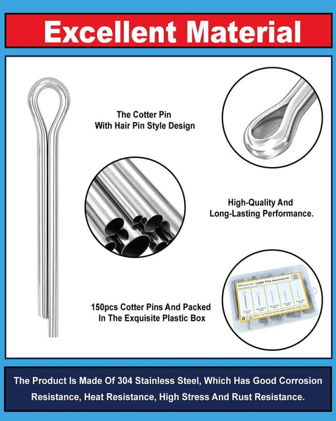 150 Piece Cotter Pin Assortment Kit With 304 Stainless Steel Pins In 5 Sizes, close-up of pins and packaging
