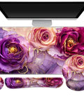 Ultra Large Gaming Mouse Pad Desk Mat With 4 In 1 Ergonomic Wrist Rests And Coaster Set XXL Keyboard Wrist Rest Mouse Pad Combo For Home Office Marble Rose Purple Flowers Design showing floral pattern.