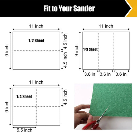 Diagram showing sandpaper sizes for 9x11 inch sheets for 60 Piece Sandpaper Set for Wood Metal Automotive and Furniture Projects Pro Grade