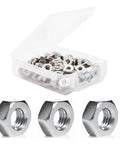 100 Pack 2-56 Coarse Thread Hex Lock Nuts Crafted From Premium 304 Stainless Steel in clear plastic tray with individual nuts visible.