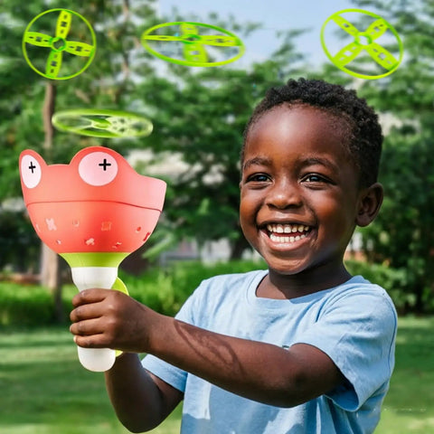 Child playing with Disc Launcher And Catcher Toy For Outdoor Fun Ideal For Backyard Play And Family Time Flying Disc Spinner Helicopter Game