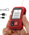 Portable Laser Tape Measure With 98 Ft Range And 8 In 1 Modes For Length Area Volume And Pythagorean Calculations IP65 Waterproof Rechargeable Real Time Laser Measurement Tool red handheld with USB-C cable and keychain