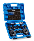 Premium Oil Filter Wrench Set Featuring 3 8 Inch Drive Low Profile Sockets For Dead Simple Car Repair and Slick Grease Monkey Approved Weekend Mech Projects in a blue carrying case.
