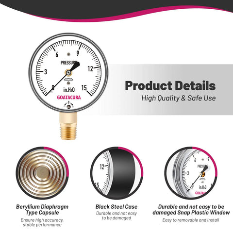 Low Pressure Diaphragm Type Gauge For Water And Air Systems, 0 To 15 Inches Of Water Range, 2-1/2 Inch Dial, Product Details View