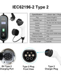 Heavy Duty Portable Level 2 EV Charger With 240 Volt Plug And Play Hookup No Sweat Setup Hella Durable IP67 Weatherproof 3.5 KW Electric Vehicle Charging Cable For Weekend Getaways, Type 2 plug with specifications.