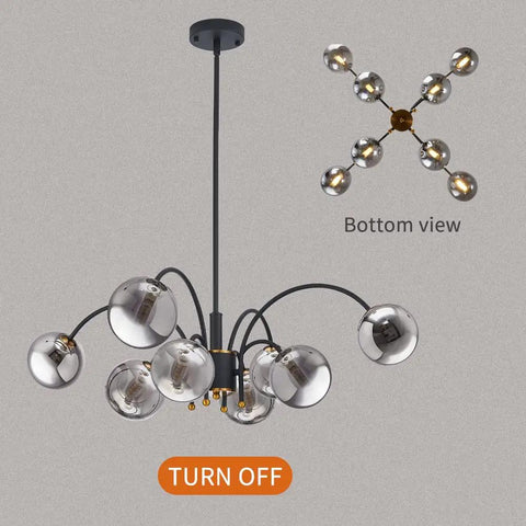Mid Century 8 Light Glass Globe Sputnik Chandelier in Black for Living Room and Dining Room Modern Ceiling Pendant Lighting, off view