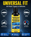 Hassle Free Auto Scratch Remover And Polish Kit in black bottle with yellow label for all vehicle paint types and colors.