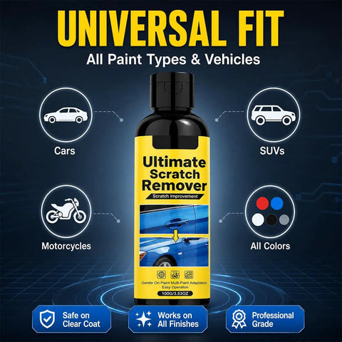 Hassle Free Auto Scratch Remover And Polish Kit in black bottle with yellow label for all vehicle paint types and colors.