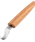 Right Handed Spoon Carving Hook Knife, Slick Curved Whittling Blade For Kuksa Cups And Wooden Bowls, showing ergonomic oak handle and curved blade.