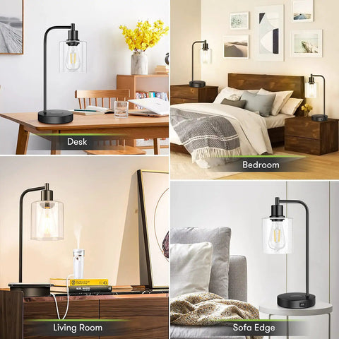 Set Of 2 Industrial Wireless Charging Desk Lamps With 3 Way Touch Control Dimmable Lighting USB Port Bedside Nightstand Lamps Hanging Seeded Glass Shade Ideal For Office Bedroom Or Living Room Bulb Included in various spaces.
