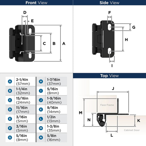 Premium Matte Black Partial Wrap Cabinet Hinges One Pair Featuring A Rock Solid Half Inch Overlay Fit That Slaps Onto Kitchen Doors dimension guide with measurements.