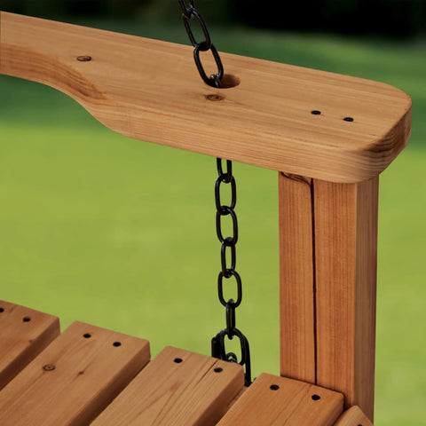 Close-up of 55 Inch Cedar Wood Farmhouse Outdoor Porch Swing Bench With Two Person Seating And Durable Hanging Chains Water Resistant Build Heavy Duty 600 Lbs Weight Capacity For Patio Deck Garden Made For Chill Backyard Hangouts showing wooden seat and chain
