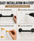 Easy installation steps for Heavy Duty 12 Inch Black Metal Wall Mount Stair Handrail Grab Bar with a slick non-slip grip.