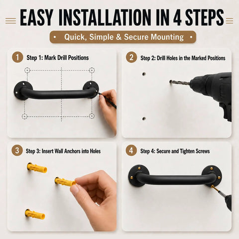 Easy installation steps for Heavy Duty 12 Inch Black Metal Wall Mount Stair Handrail Grab Bar with a slick non-slip grip.