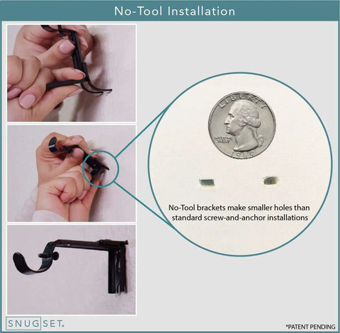 Adjustable Curtain Rod 72 To 144 Inches With Quick Easy Install No Tools Required 1 Inch Steel Rod Durable Construction For Heavy Fabrics Traditional Knob Finial In Golden Brass No Fuss Easy Setup shows no-tool bracket installation next to a quarter for size comparison.