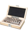 Dead Accurate Pro Grade Metric Gauge Block Set With Straight Shooting Steel Rulers And Router Table Setup Bars For Knockout Woodworking Precision Including Heavy Duty Storage Case 32 Pcs in wooden case with gage blocks visible.