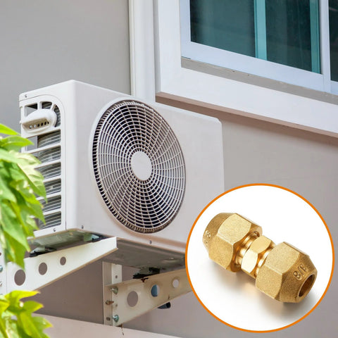 Brass flare-nut copper pipe connectors for 1/4 and 3/8 inch HVAC refrigerant lines, 4 pcs