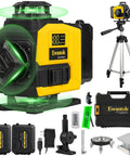 4D Green Beam Laser Level With Tripod For Easy Room Layouts, Four 360 Degree Lines With 90 Degree Cross, Self Leveling, Rotatable Window, Includes Two 4500mAh Batteries, Perfect For Picture Hanging, Tiling, Ceilings, And Home Renovation on tripod with case and accessories