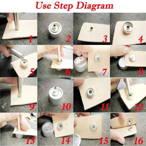 Installation steps for Stainless Steel Snap Fastener Kit Twelve Point Five Millimeter Sixty Sets For Coats Bags Leather Marine Boat Canvas
