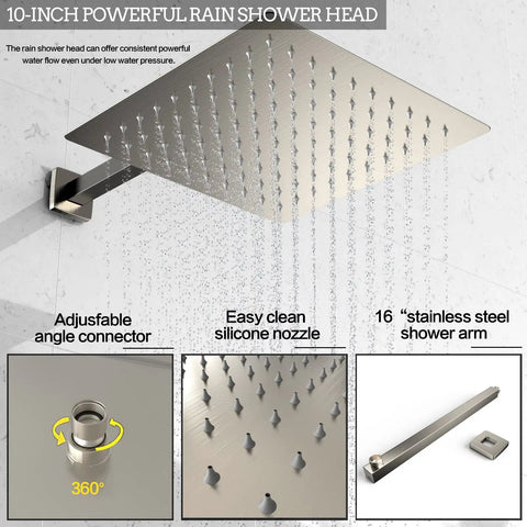 Wall Mounted 10 Inch Rain Shower System with Overhead Showerhead, luxury rainfall shower combo, brushed nickel finish