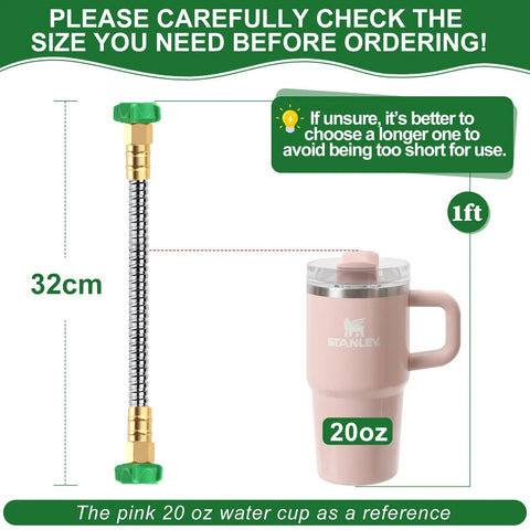 1 Ft Female To Female Garden Hose Connector Heavy Duty Metal Reel Connection Hose Stainless Steel Flexible No Leak Outdoor Water Pipe Extension Adapter For Hose Reels next to pink 20 oz cup for size reference.