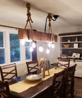 Dining room with chandelier made from 100 Percent Natural Hemp Rope Thick 1 Inch by 100 Ft Heavy Duty Manila Jute Rope.