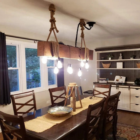 Dining room with chandelier made from 100 Percent Natural Hemp Rope Thick 1 Inch by 100 Ft Heavy Duty Manila Jute Rope.