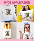 Collage of Six Pack Adorable Monkey Hugging Toy DTF Transfers on sweater, pillow, tote, and t-shirt.