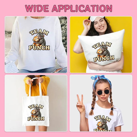 Collage of Six Pack Adorable Monkey Hugging Toy DTF Transfers on sweater, pillow, tote, and t-shirt.