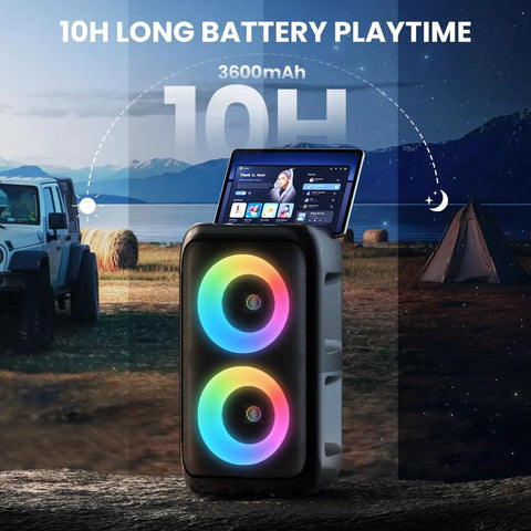 Karaoke Party Bluetooth Speaker With Dual Wireless Microphones Party Ready Floorstanding System With Lights in outdoor setting