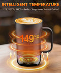 No Cap Self Heating Coffee Mug 14 Oz Rechargeable Smart Temperature Control Cup displays 149°F temperature for optimal coffee heat.