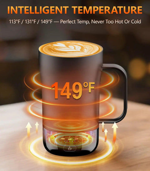 No Cap Self Heating Coffee Mug 14 Oz Rechargeable Smart Temperature Control Cup displays 149°F temperature for optimal coffee heat.