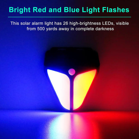 Bright red and blue light flashes from Solar Strobe Warning Lights With 90dB Alarm Outdoor 2 Pack, 4 Modes, Solar Powered Motion Sensor Security Light, Waterproof Siren Light For Fence Pasture Home Farm Barn Yard No Fuss Setup