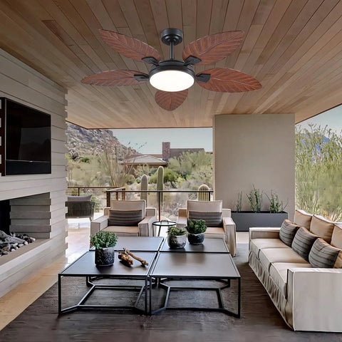 52 Inch Brown Tropical Outdoor Palm Leaf Ceiling Fan With Integrated Lights And Wireless Remote For Patio installed in a stylish covered outdoor space.