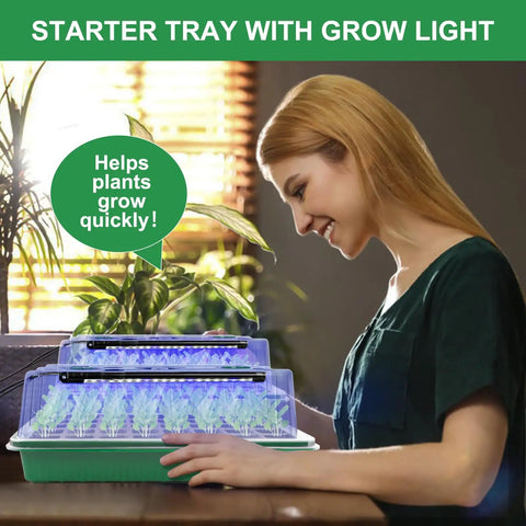 2 Pack 80Cell Seed Starter Tray With Timed Grow Light System, Humidity Domes And Base in use indoors with woman observing