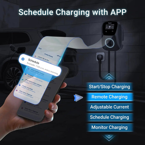 Tesla Level 2 EV Charger J1772 48A Adjustable 240V With On Unit Manual Amps And Schedule NEMA 14 50 smart app interface