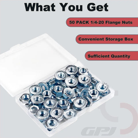 Kickass Heavy Duty 1/4-20 Serrated Flange Hex Nuts 304 Stainless Steel in a storage box, pack of 50 for vehicle use.