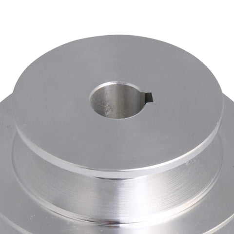 Beefed-Up Aluminum 5 Slot A Type V-Shaped Pulley Kit With 5 Step Ratios for Timing Belt, close-up of silver pulley detail