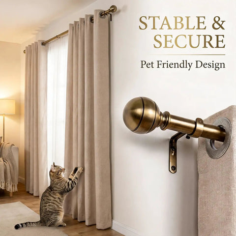 Room with Brass Curtain Rods For Windows 30 To 88 Inch Adjustable Built Tough Metal 1 Inch Pipe Drapery Rods Decorative Modern Rustic Blackout Rods With Twisted Cage Finials, cat nearby curtains, stable and secure pet-friendly design.