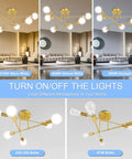 Six Arm Gold Sputnik Ceiling Light Fixture Dope Modern Chandelier Flush Mount For Living Room, Dining, Kitchen And Bedroom