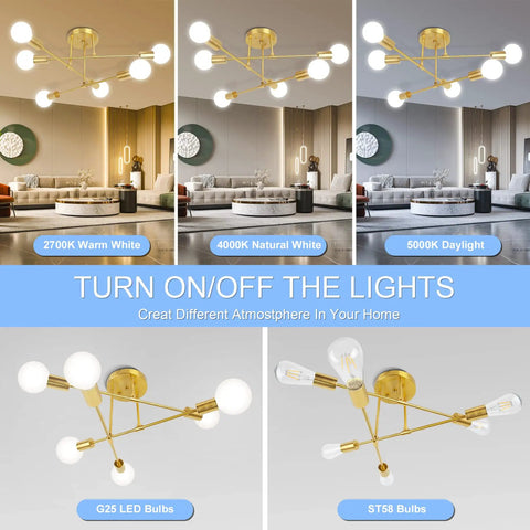 Six Arm Gold Sputnik Ceiling Light Fixture Dope Modern Chandelier Flush Mount For Living Room, Dining, Kitchen And Bedroom