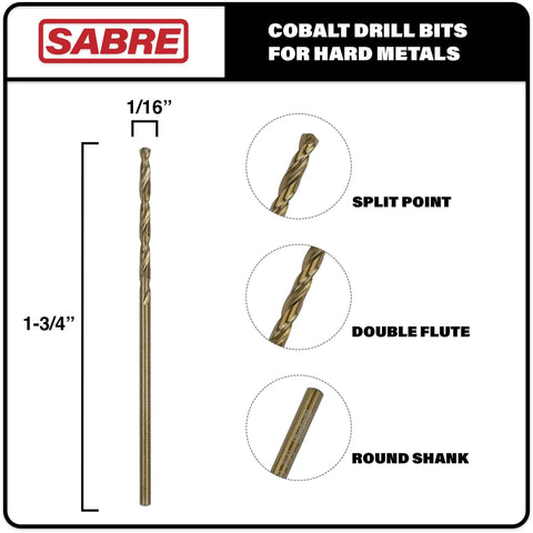 Five Piece Cobalt Drill Bit Set One Sixteenth Inch By One And Three Quarters Inch M35 With Split Point Tip For Steel Hard Metal And Cast Iron