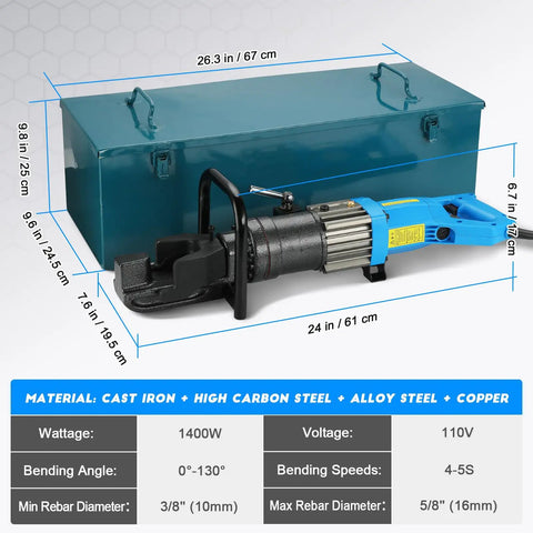 Heavy Duty 1400W Electric Hydraulic Rebar Bender For 10-16mm Steel Bars with compact design and specifications displayed.