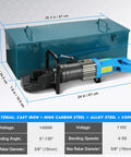 Heavy Duty 1400W Electric Hydraulic Rebar Bender Machine with blue handle, dimensions 24 in by 26.3 in, ideal for 5/8 inch rods.