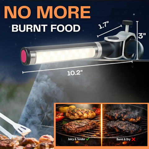 Ultra Bright BBQ Grill Light For Blackstone Griddle And Weber Grills, LED Work Light Bar attached to grill, measurements shown