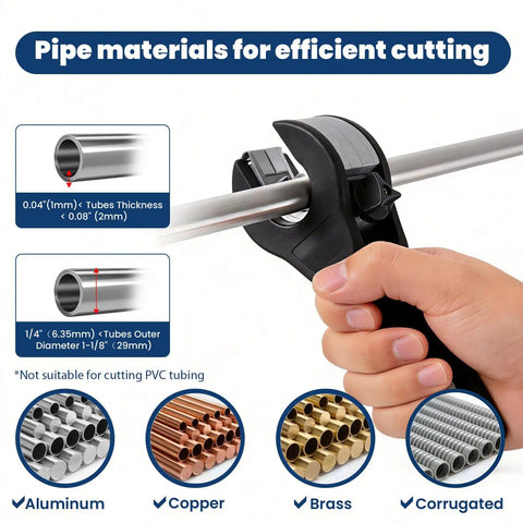 Close Quarters Tubing Cutter For Copper Brass Aluminum And Corrugated Tubing Includes Three Replacement Blades And Deburring Tool Ratcheting Pipe Cutter For One Quarter Inch To One And One Eighth Inch Diameter Not For PVC in use on metal pipe