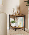 Chic Two Tier Industrial Corner Bookshelf Heavy Duty Wood Grain Metal Frame Space Saving Rustic Display Rack For Living Room Bedroom Home Office Wall Nook Game Changer Clean Vibes, showcasing books and decor in corner nook.