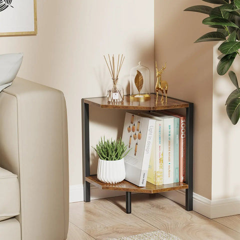 Chic Two Tier Industrial Corner Bookshelf Heavy Duty Wood Grain Metal Frame Space Saving Rustic Display Rack For Living Room Bedroom Home Office Wall Nook Game Changer Clean Vibes, showcasing books and decor in corner nook.