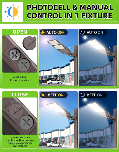 240W LED Parking Lot Light With Photocell, 36000LM Shoebox Flood Light for dusk to dawn with photocell and manual options